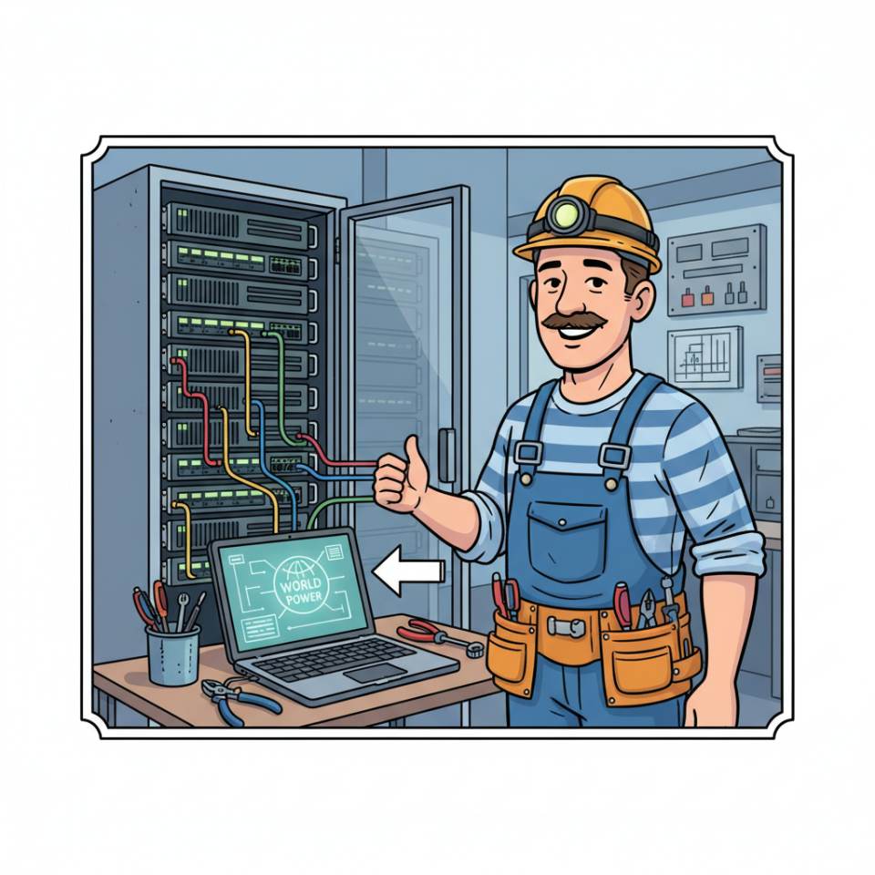 Comic-Darstellung eines Elektrikers mit Werkzeug und Schaltplan vor einer modernen Elektroinstallation