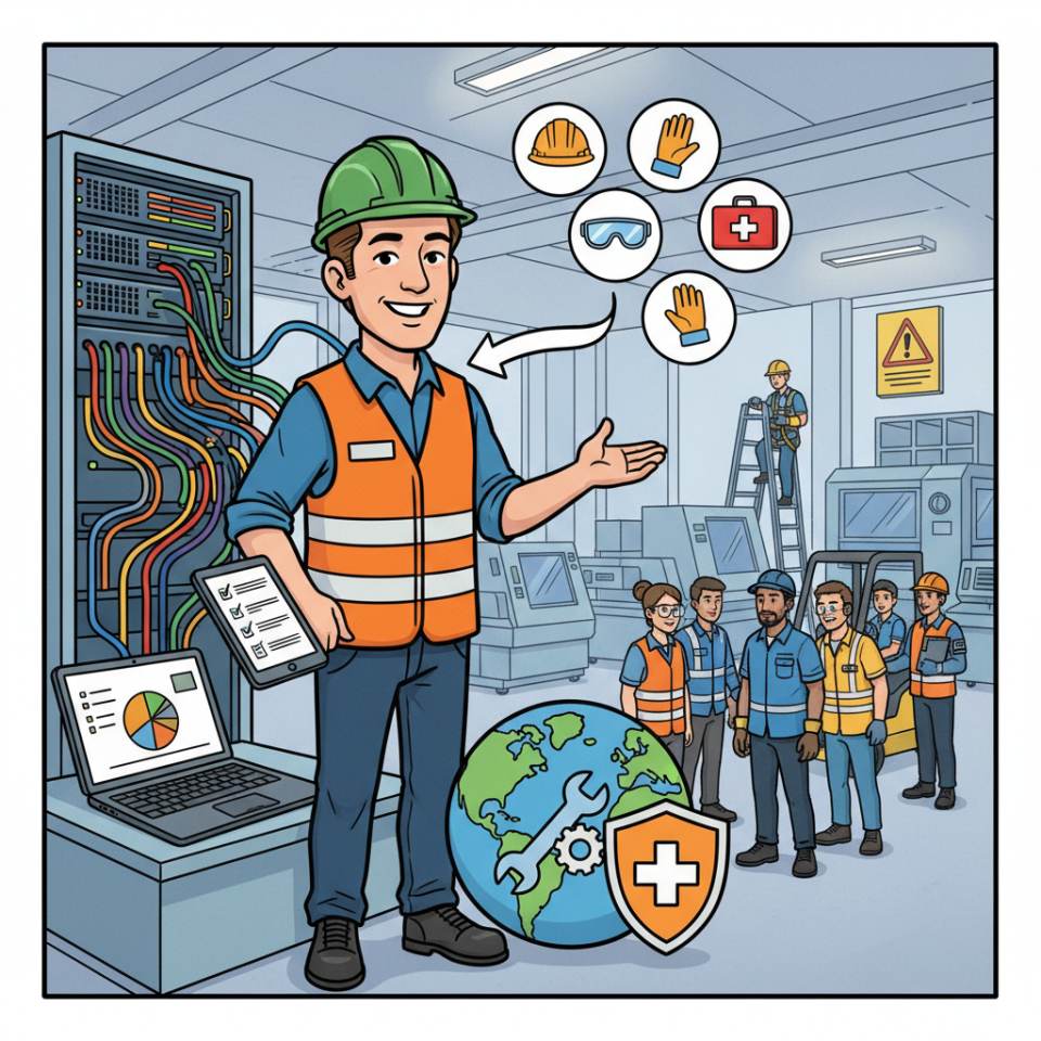 Comic-Darstellung einer Fachkraft für Arbeitssicherheit mit Schutzhelm, Checkliste, Warnschild und Begehungsplan im Betrieb