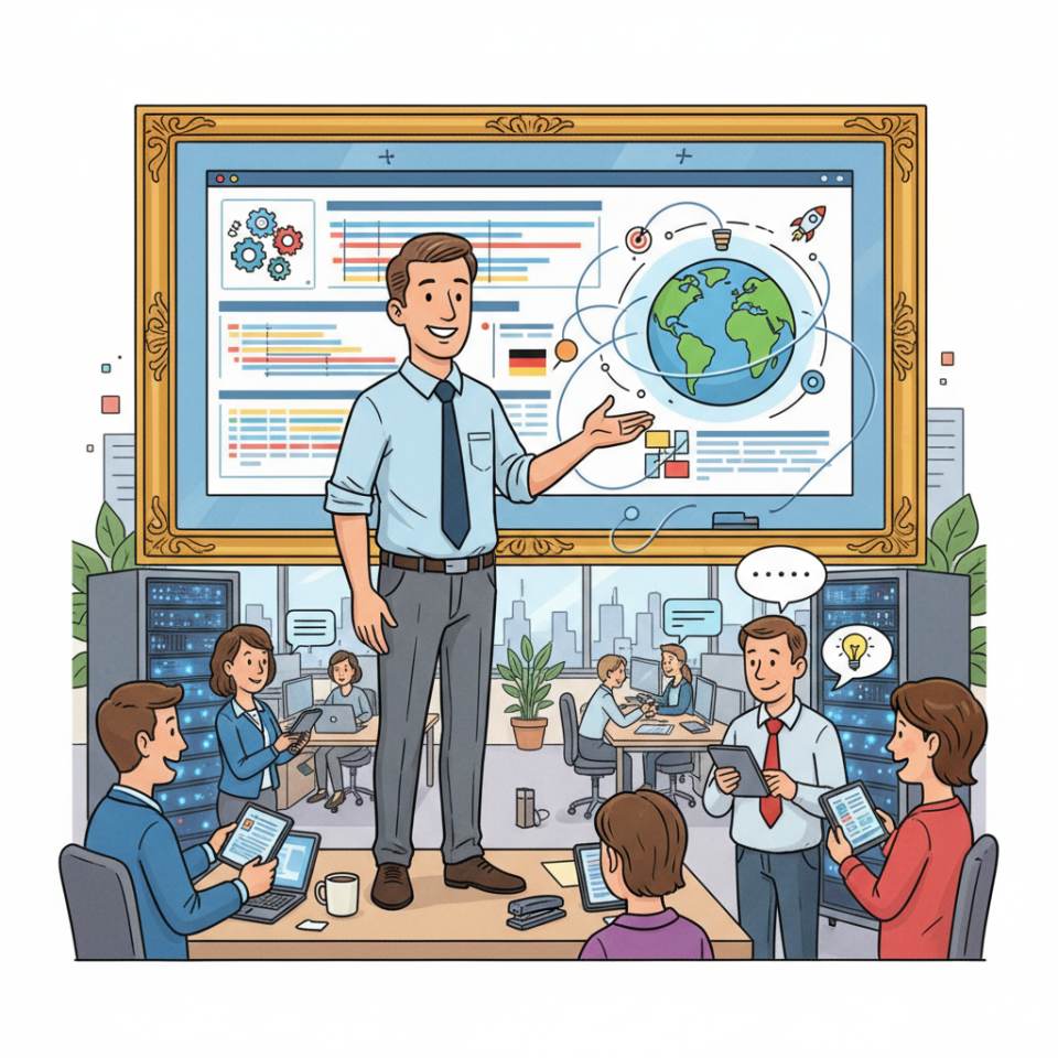 Comic-Darstellung eines Projektleiters mit Laptop, Gantt-Chart, Sticky Notes und Team am Projekttisch im Büro