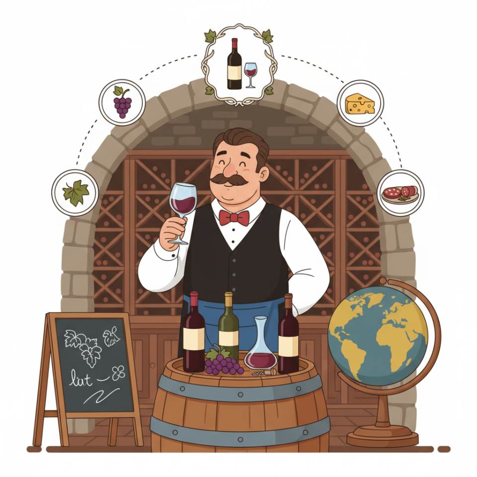 Comic-Darstellung eines Sommeliers mit Weinglas und Weinkarte im Restaurant neben einem Weinkellerregal