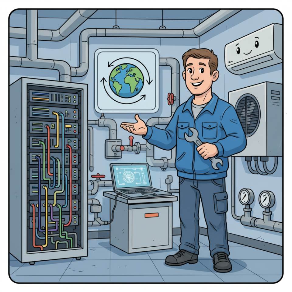 Comic illustration of a plant mechanic with tools and pipes installing a heating system in a plant room