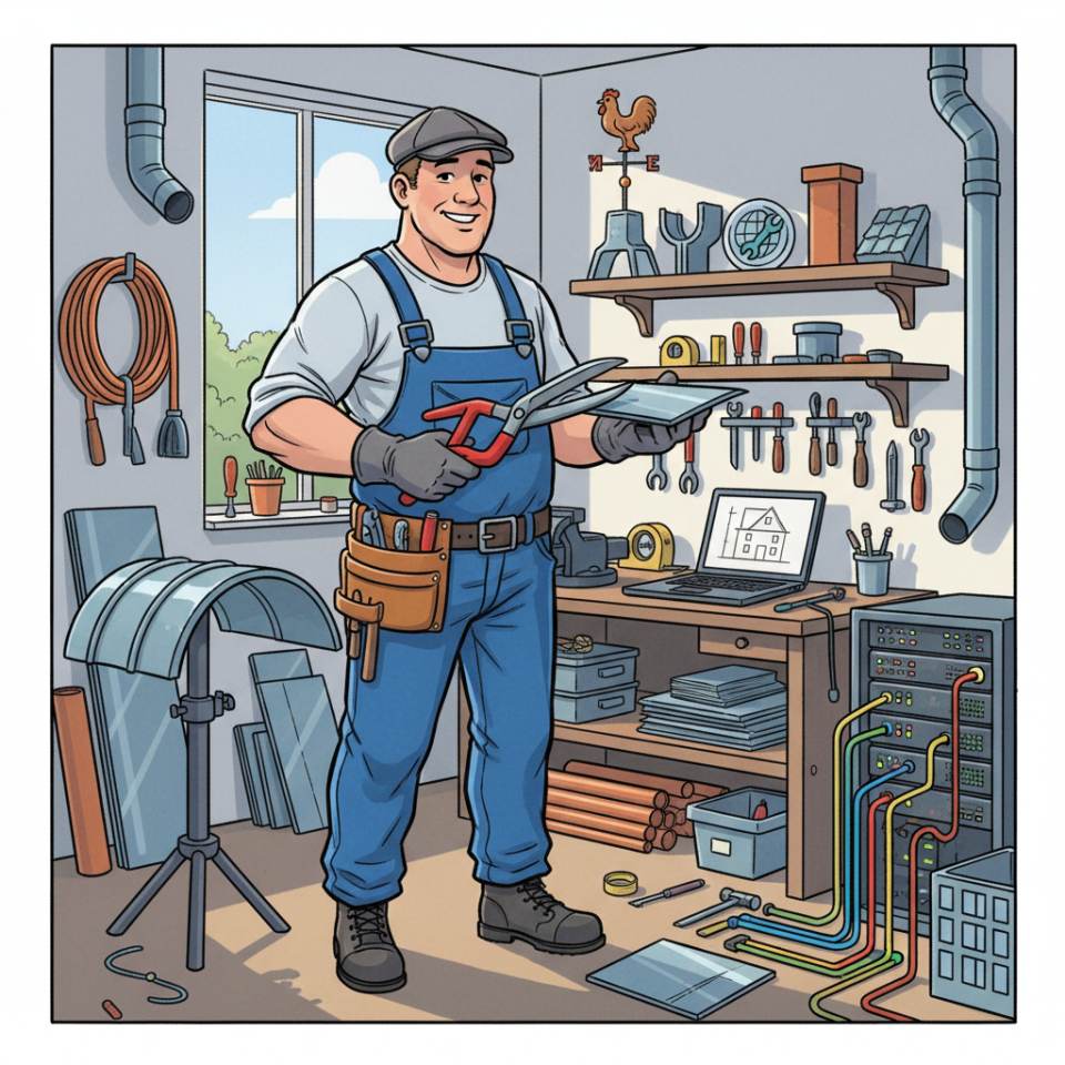 Comic illustration of a construction sheet metal worker with hard hat and coil of sheet metal on a roof