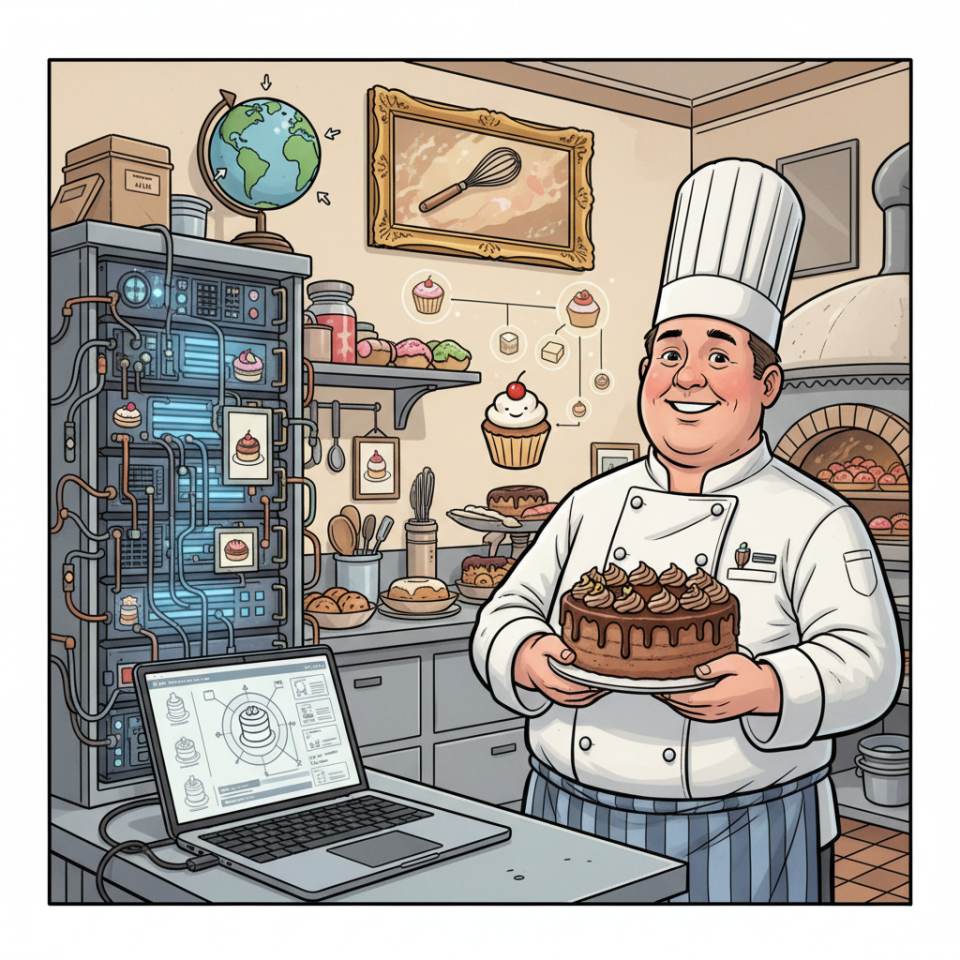 Comic illustration of a pastry chef with a cake, piping bag and pralines in a pastry shop