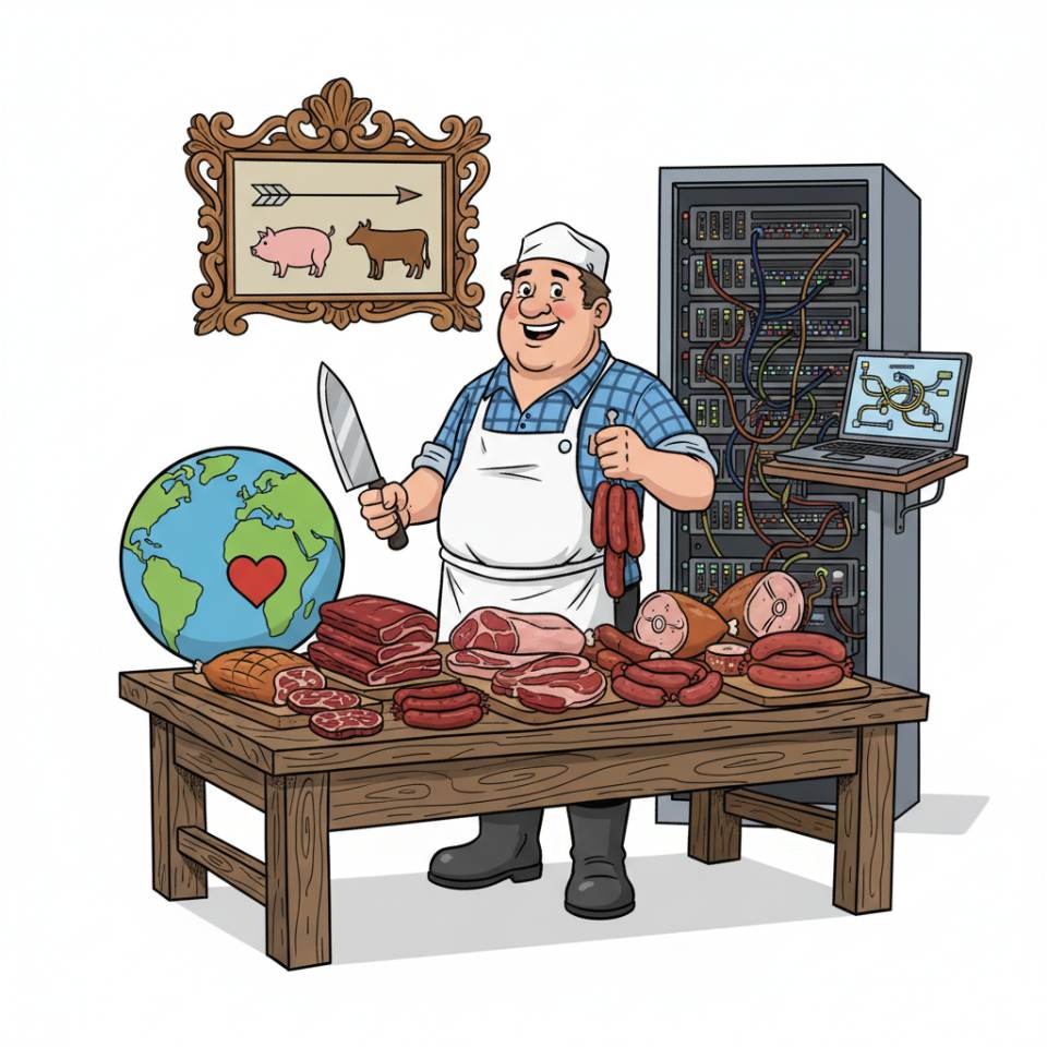 Comic illustration of a butcher with apron, knife and sausages behind the counter of a butcher shop