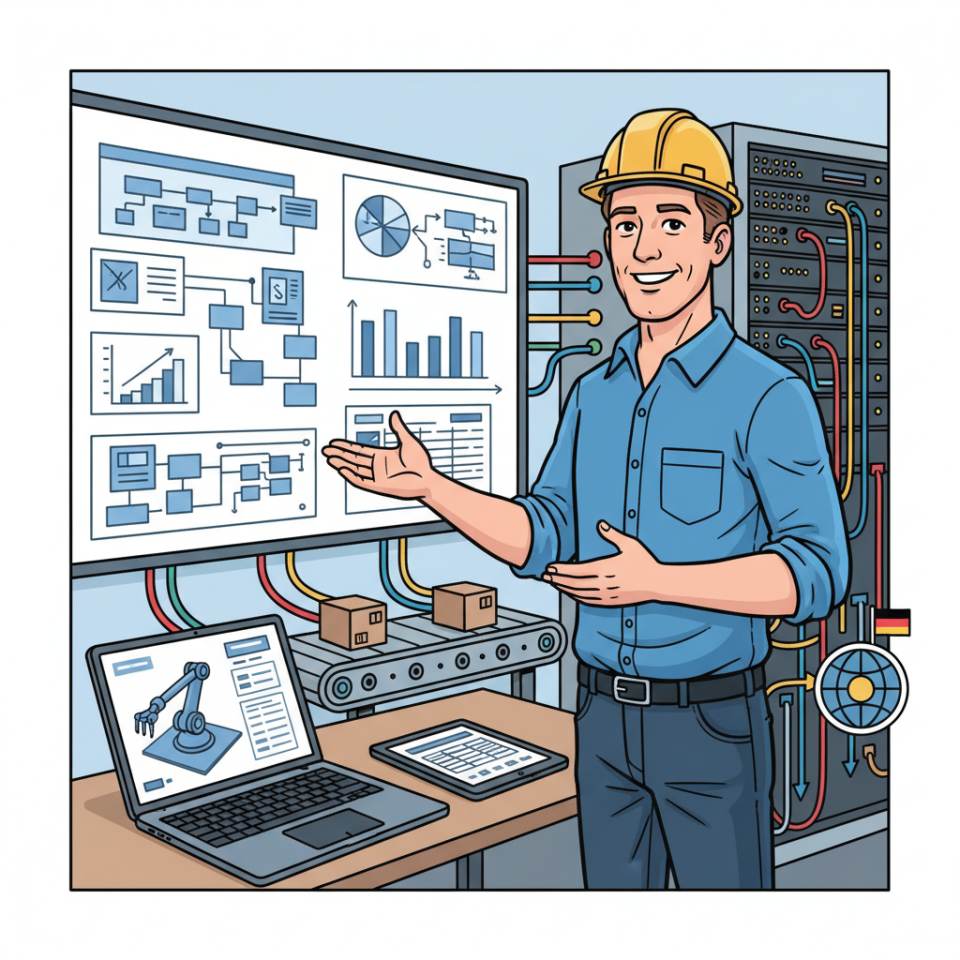Comic illustration of a production manager with tablet and hard hat controlling a production line on the shop floor