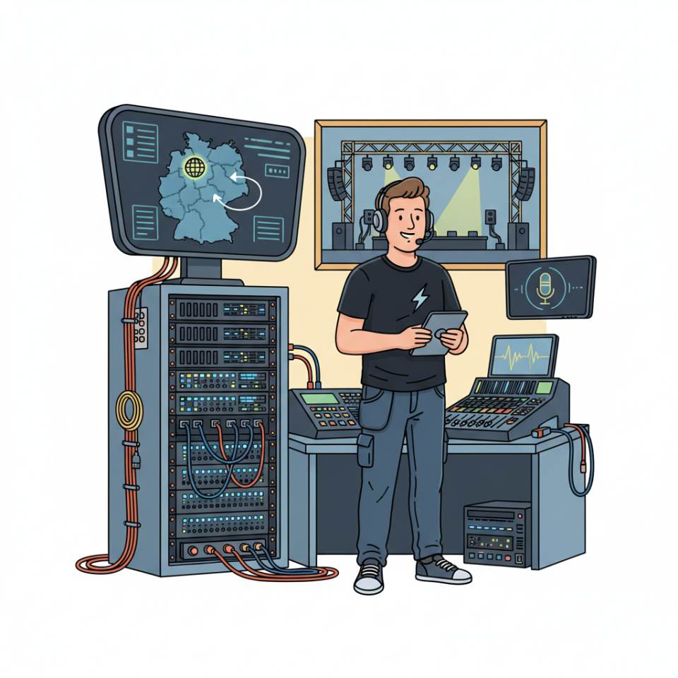 Comic illustration of an event technician with headset at a lighting and sound console on stage