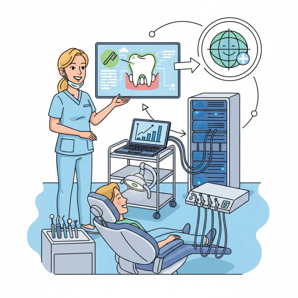 Ilustración cómic de un higienista dental con espejo bucal e instrumentos de profilaxis en el sillón