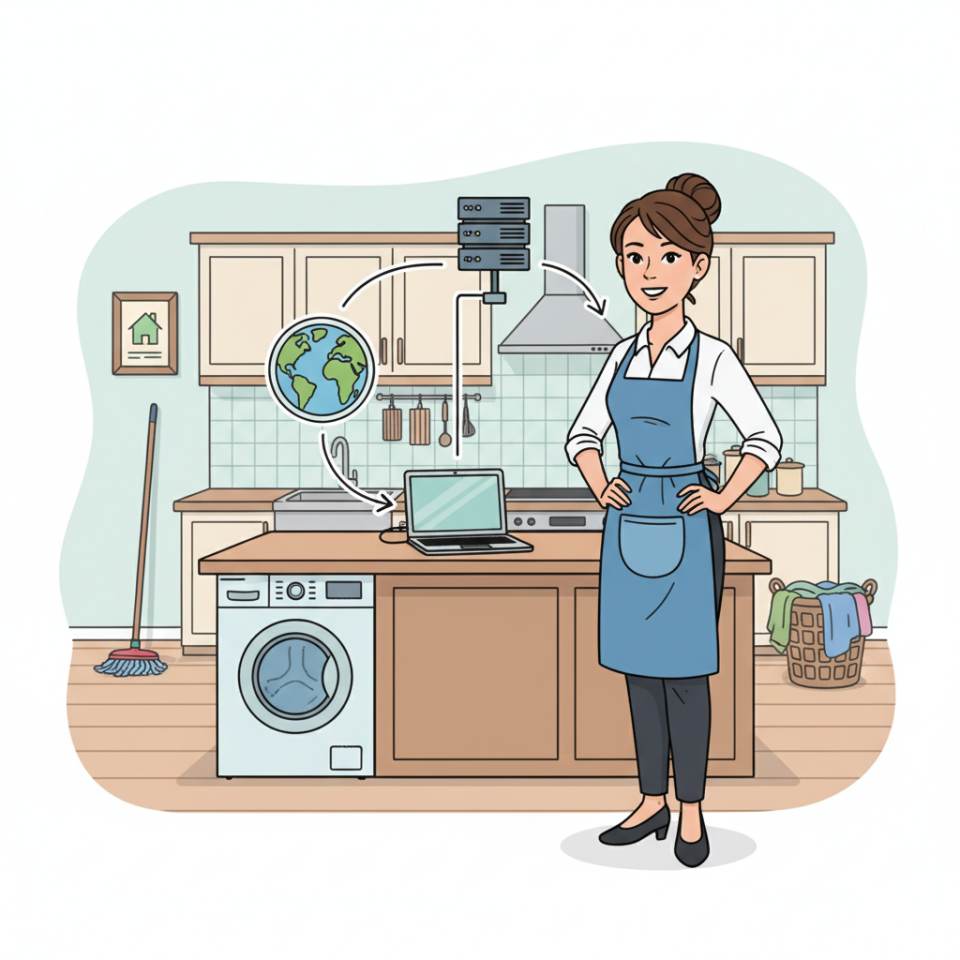 Ilustración tipo cómic de una persona de economía doméstica con bandeja, cesta de ropa y lista de control en una cocina comunitaria luminosa