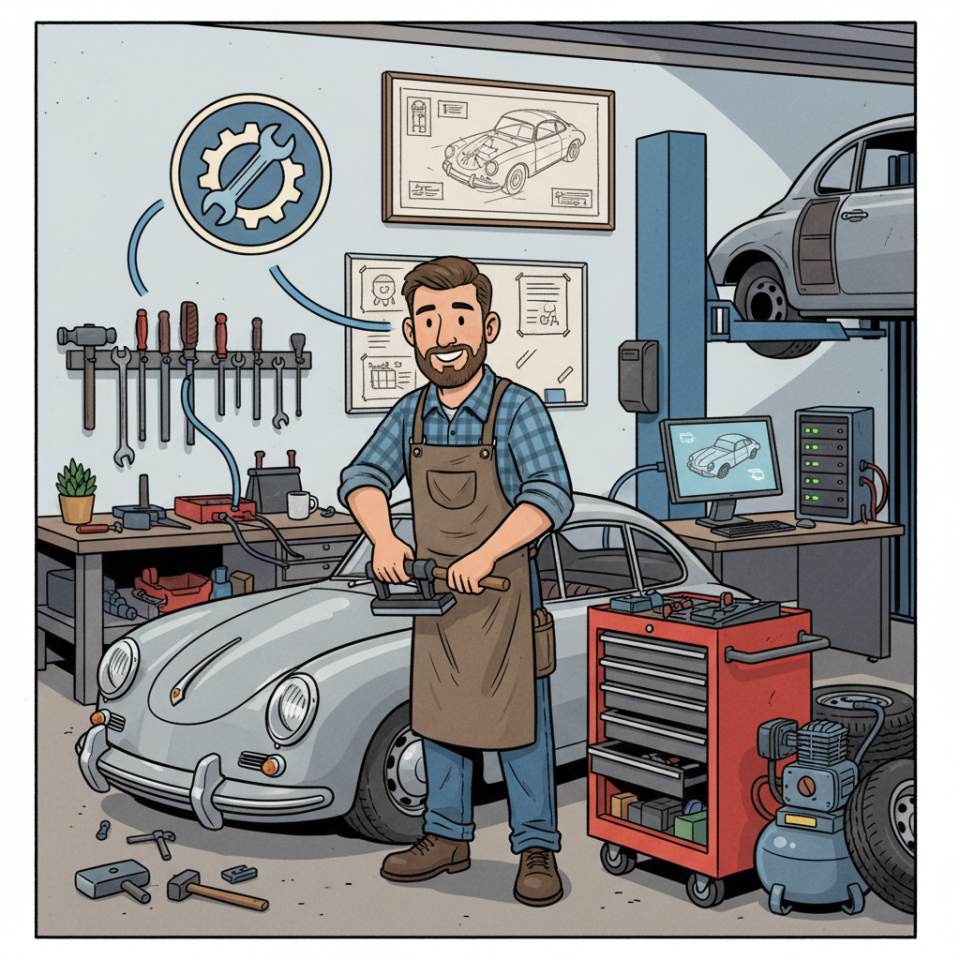 Ilustración tipo cómic de un chapista con herramientas de enderezado y una carrocería en el taller