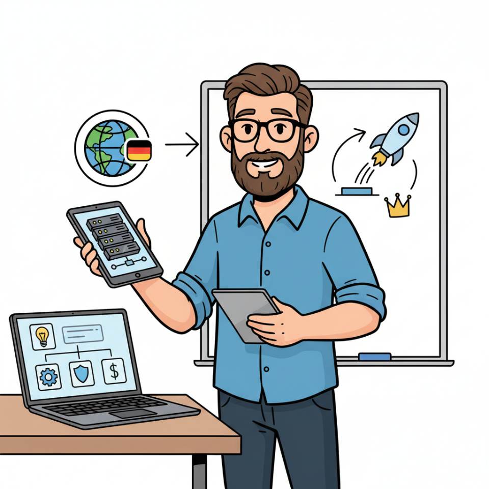 Ilustración cómic de un product manager con roadmap, portátil, notas adhesivas y un prototipo de producto en el escritorio de una oficina de equipo