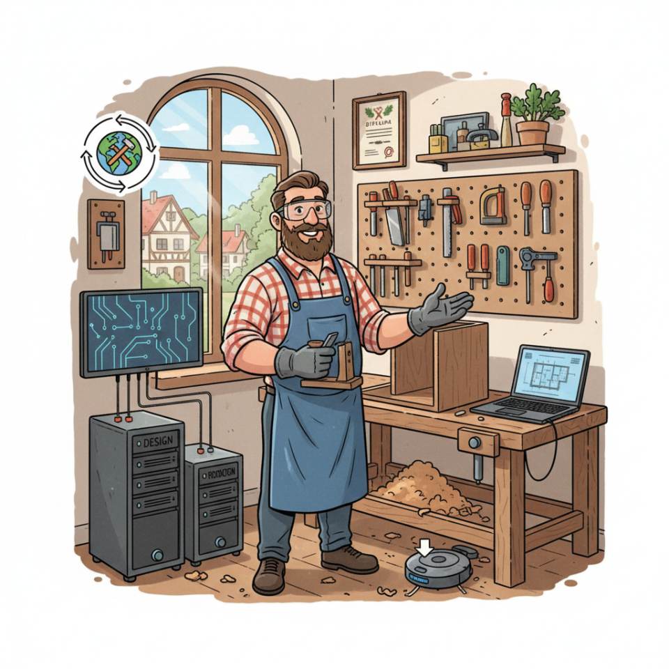 Ilustración tipo cómic de un carpintero con cepillo y cinta métrica en un banco de madera en el taller