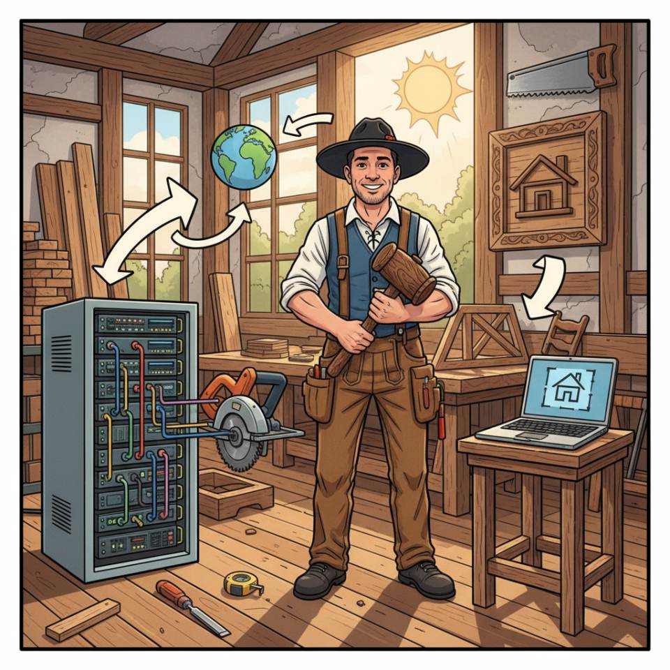 Ilustración tipo cómic de un carpintero de armar con casco y azuela junto a una cercha en una obra