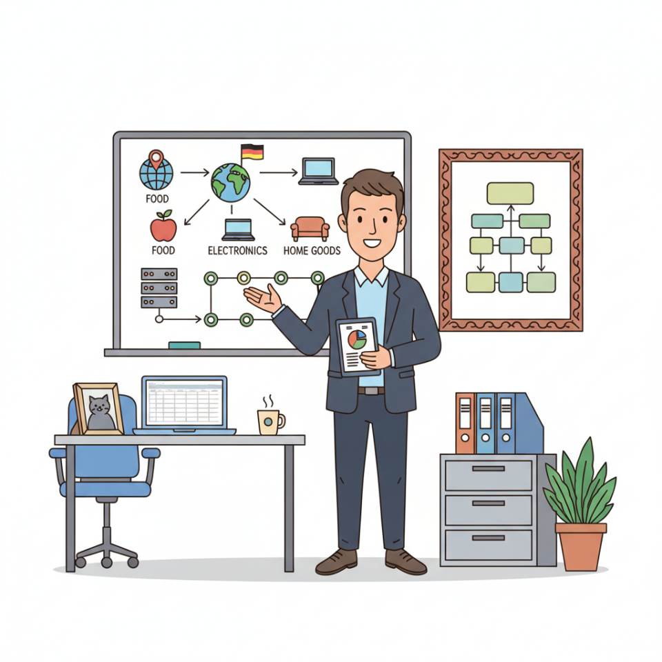 Комикс-иллюстрация Category Manager с планшетом, полкой товаров, диаграммами и документами поставщиков
