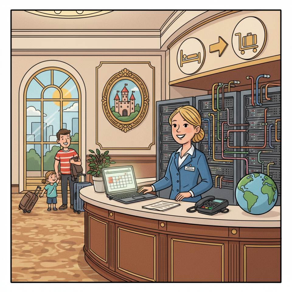 Комікс-зображення фахівця готельної справи на рецепції з карткою-ключем, списком гостей і готельним холлом на тлі